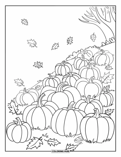 Coloriage de champs de citrouilles pour enfants : Une colline venteuse couverte de citrouilles et de feuilles automnales tourbillonnantes