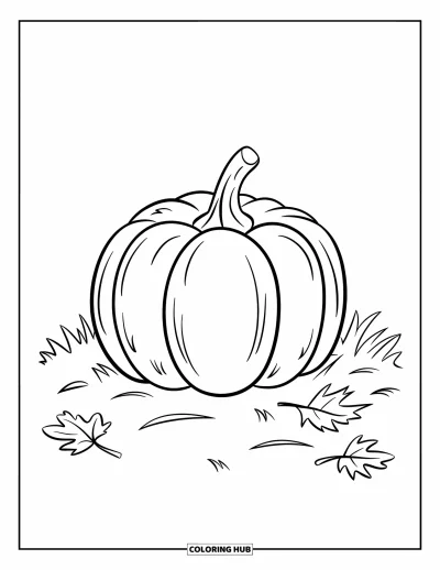 Coloriage de champs de citrouilles pour enfants : Une grande citrouille avec sa tige posée sur l'herbe avec des feuilles qui tombent