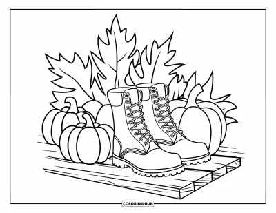 Coloriage de champs de citrouilles pour enfants : Des bottes près de citrouilles et de branches automnales posées sur une planche en bois