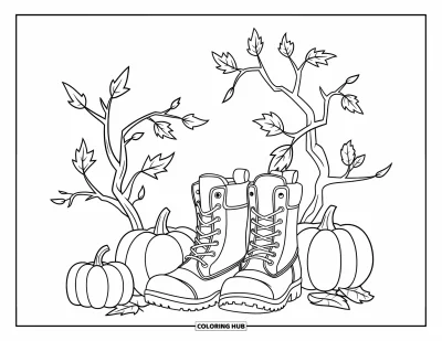 Coloriage de champs de citrouilles pour enfants : Des bottes près de citrouilles et de branches automnales tortueuses avec des feuilles éparpillées