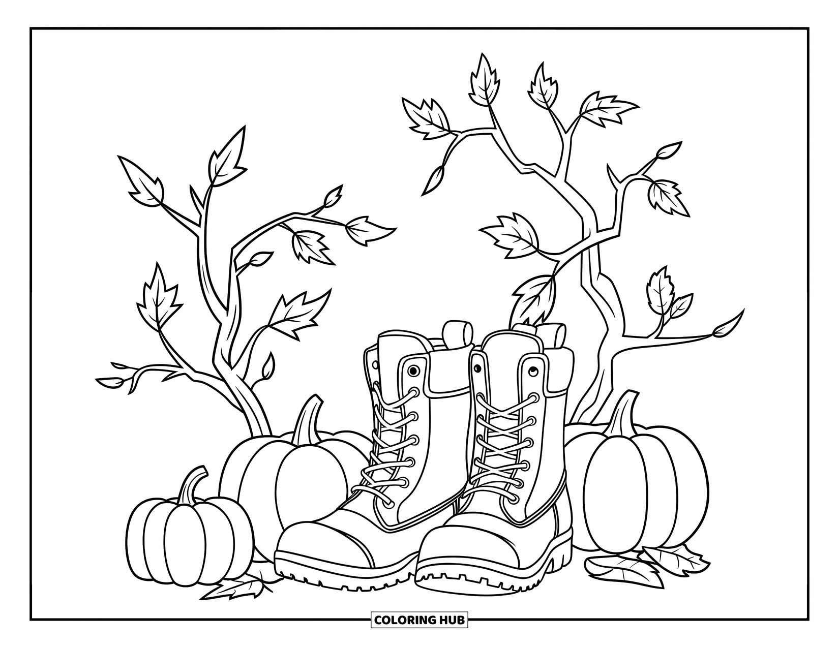 Pumpkin Patch Coloring Page for Kids: Boots stand near pumpkins and twisting autumn branches with scattered leaves