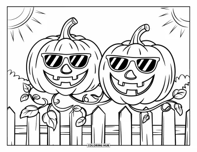Coloriage de champs de citrouilles pour enfants : Des citrouilles joyeuses portant des lunettes de soleil dans un jardin clôturé