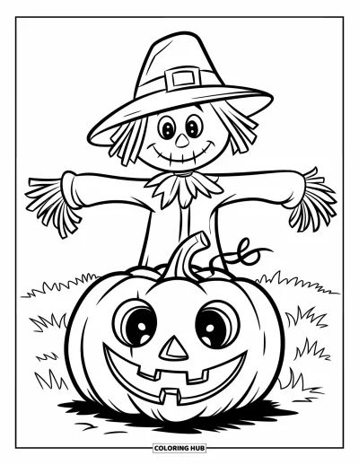 Coloriage de champs de citrouilles pour enfants : Un épouvantail et une citrouille tout souriants ensemble dans un champs ouvert