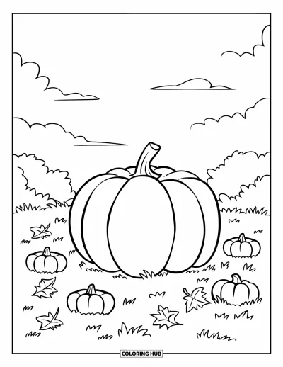 Coloriage de champs de citrouilles pour enfants : Une grande citrouille sur l'herbe avec des feuilles et de petites citrouilles tout autour