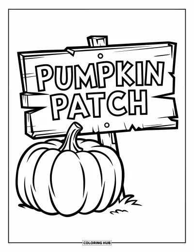 Coloriage de champs de citrouilles pour enfants : Une citrouille et un panneau réunis dans un charmant coin aux couleurs de l'automne