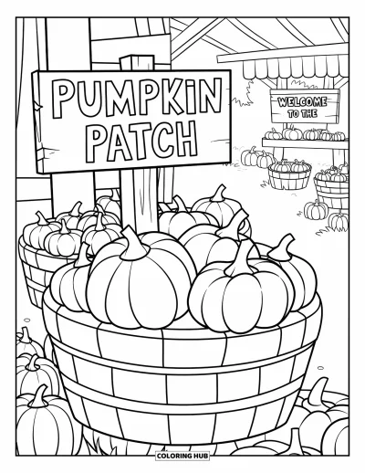Coloriage de champs de citrouilles pour enfants : Des paniers de citrouilles avec un panneau "Pumpkin Patch" dans une scène de marché douillette