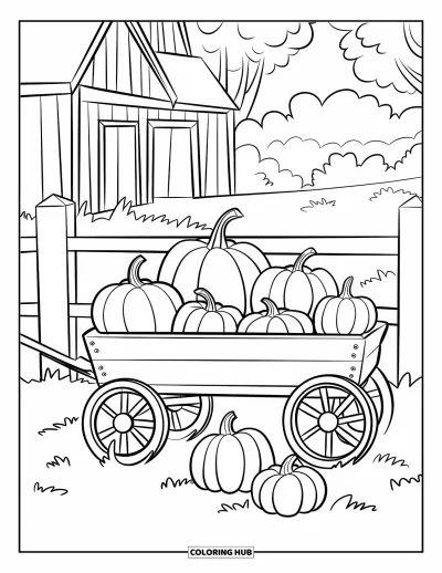 Coloriage de champs de citrouilles pour enfants : Un chariot chargé de citrouilles près d'une grange et des arbres dans une scène de ferme chaleureuse