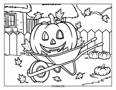 Coloriage de champs de citrouilles pour enfants : Une citrouille dans une brouette sourit sous des arbres avec des feuilles qui tombent