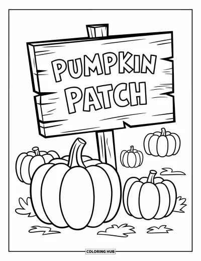 Coloriage de champs de citrouilles pour enfants : Une citrouille à côté d'un petit panneau en bois indiquant "Pumpkin Patch"