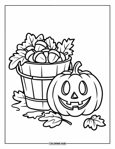 Coloriage de champs de citrouilles pour enfants : Une citrouille au visage heureux à côté d'un seau rempli de trésors automnaux