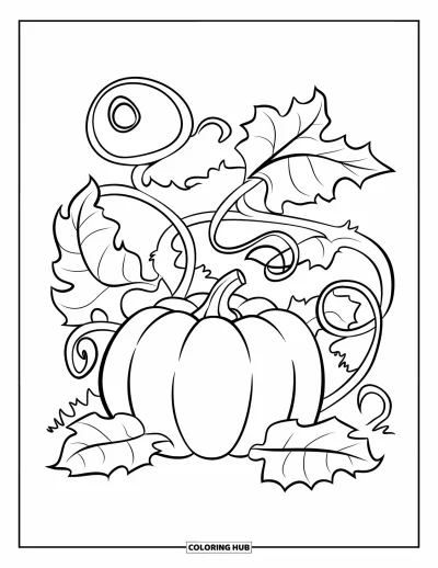 Coloriage de champs de citrouilles pour enfants : Une citrouille avec des lianes espièges et de grandes feuilles démesurées qui tourbillonnent sur la page