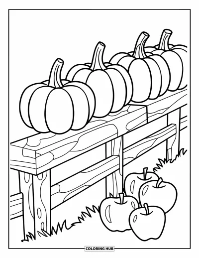 Coloriage de champs de citrouilles pour enfants : Des citrouilles et des pommes joliment disposées sur une clôture usée