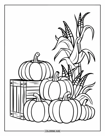 Coloriage de champs de citrouilles pour enfants : Des citrouilles et des épis de maïs reposent à côté d'une caisse dans une scène automnale amusante
