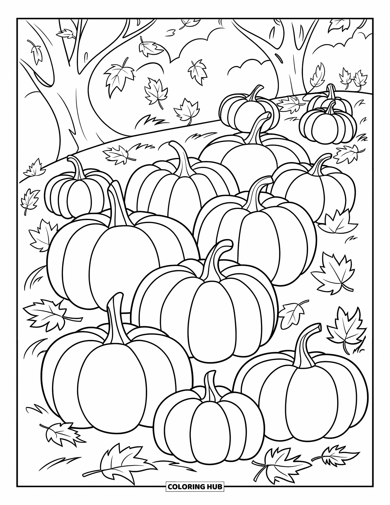 Pumpkin Patch Coloring Page for Kids: Pumpkins and leaves cover a breezy hill with trees in the background