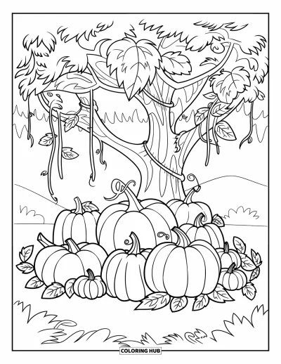 Coloriage de champs de citrouilles pour enfants : Des citrouilles et des lianes reposent sous un grand arbre avec des feuilles éparpillées