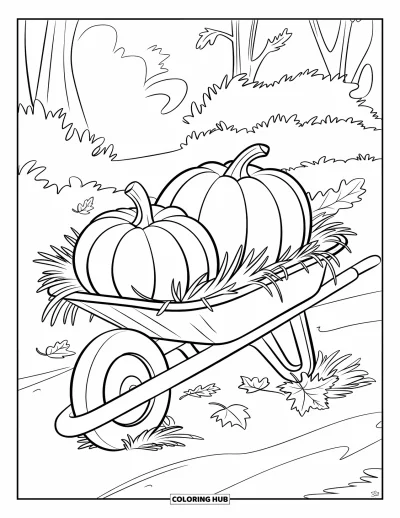 Coloriage de champs de citrouilles pour enfants : Des citrouilles dans une brouette sur un chemin avec des arbres au loin