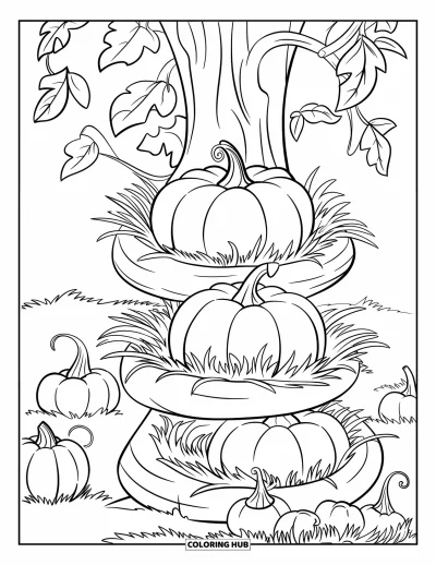 Coloriage de champs de citrouilles pour enfants : Des citrouilles près d'un tronc d'arbre avec des lianes tourbillonnantes et des feuilles éparpillées