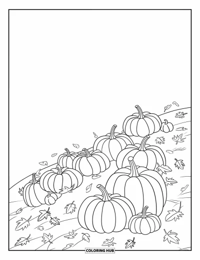Coloriage de champs de citrouilles pour enfants : Des citrouilles éparpillées sur une colline venteuse avec des arbres au loin