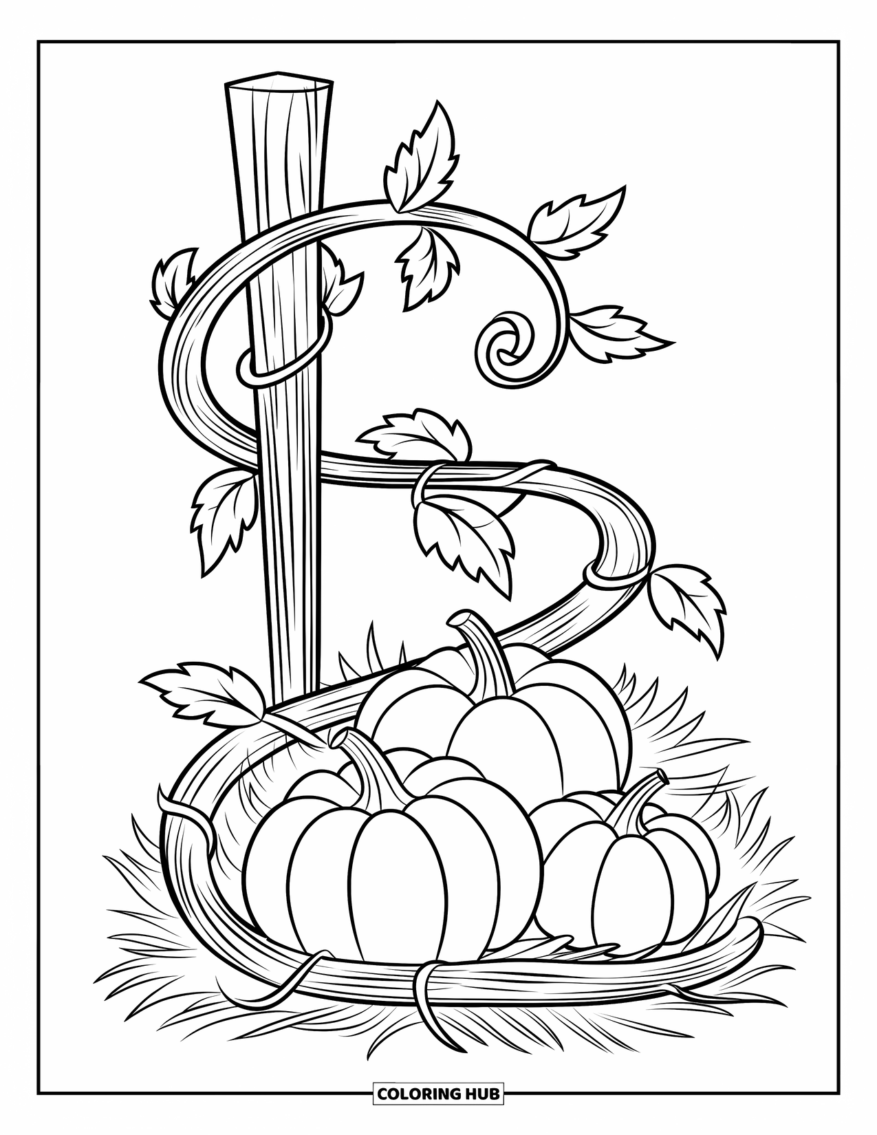 Pumpkin Patch Coloring Page for Kids: Pumpkins sit in straw with curling vines wrapped around a wooden post