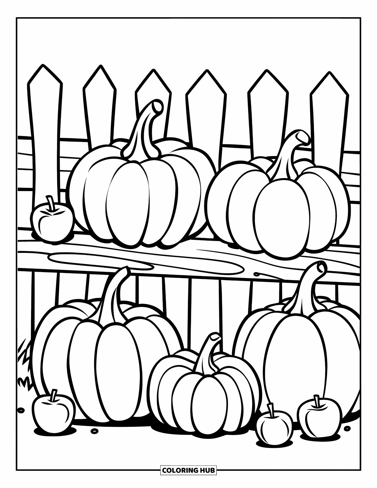 Pumpkin Patch Coloring Page for Kids: Pumpkins sit on a wooden fence with apples scattered below