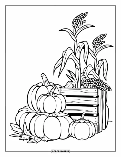 Coloriage de champs de citrouilles pour enfants : Des citrouilles empilées à côté d'une caisse rustique et des épis de maïs dans une ambiance automnale