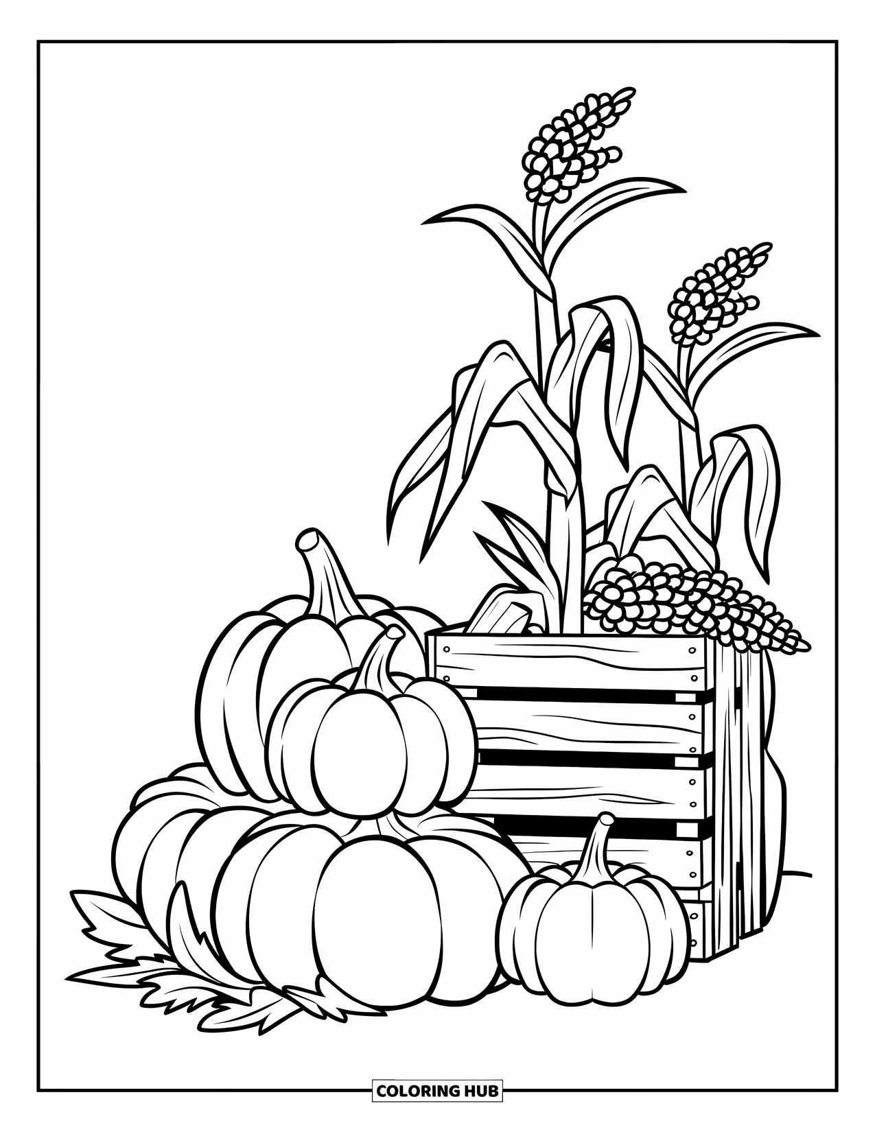 Pumpkin Patch Coloring Page for Kids: Pumpkins stacked beside a rustic crate and cornstalks in a cozy setup