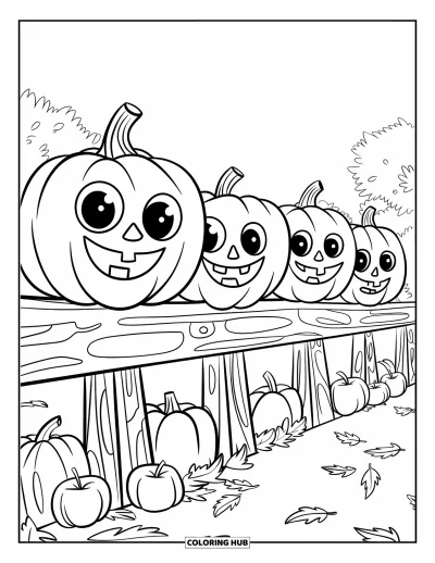 Coloriage de champs de citrouilles pour enfants : Des citrouilles aux visages rigolos alignées sur une clôture avec des pommes et des feuilles en dessous