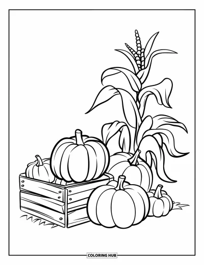 Coloriage de champs de citrouilles pour enfants : Des citrouilles rustiques et des épis de maïs empilés à côté d'une caisse en bois
