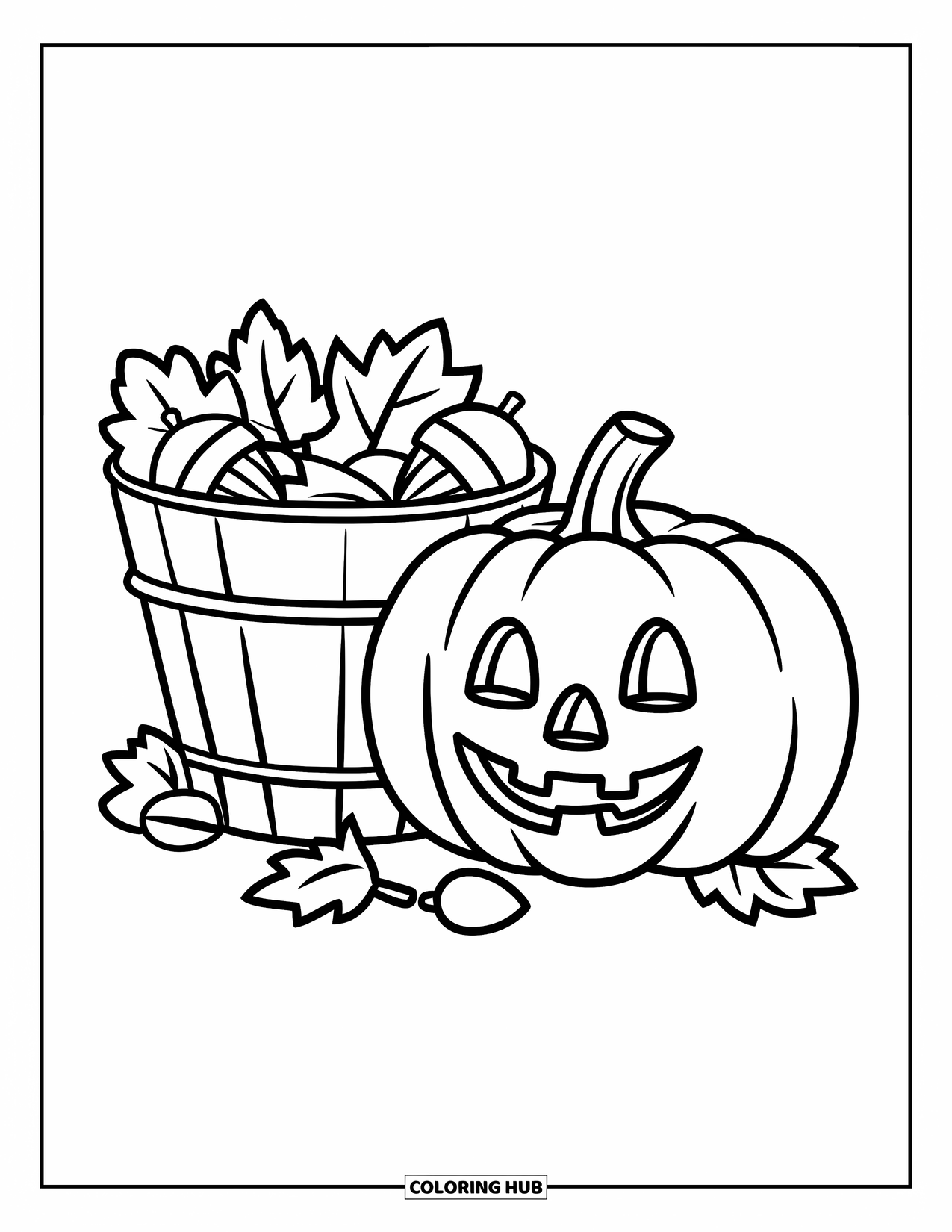Pumpkin Patch Coloring Page for Kids: Smiling pumpkin beside a wooden bucket full of leaves and acorns