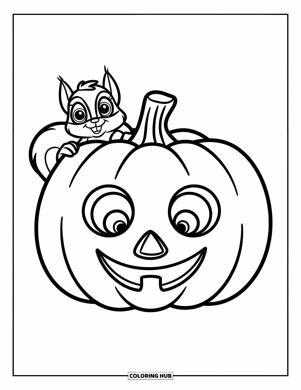 Pumpkin Patch Coloring Page for Kids: Smiling pumpkin with a cheerful squirrel hugging it from behind