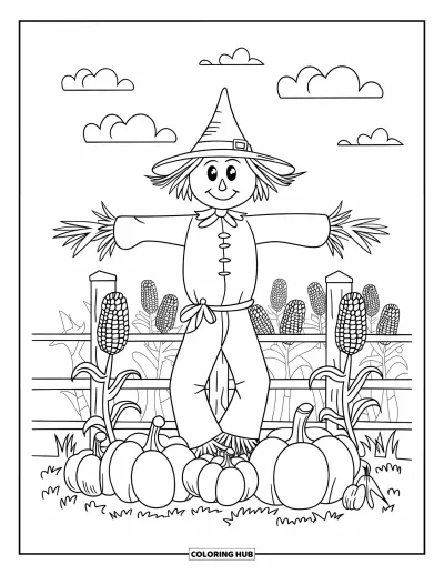 Coloriage de champs de citrouilles pour enfants : Un épouvantail souriant dans un champs de citrouilles et d'épis de maïs derrière une clôture en bois