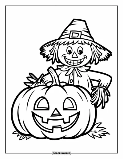 Coloriage de champs de citrouilles pour enfants : Un épouvantail souriant avec une grande citrouille dans une scène de ferme amusante