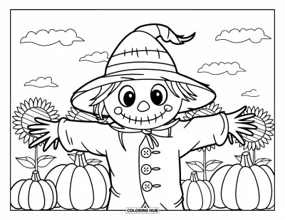 Coloriage de champs de citrouilles pour enfants : Un épouvantail souriant avec des citrouilles et des tournesols dans un champs ensoleillé