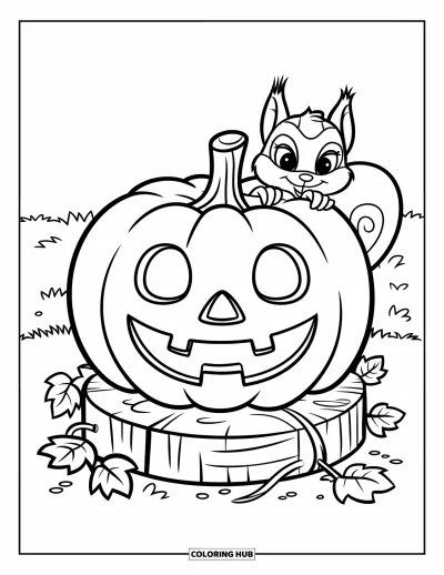 Coloriage de champs de citrouilles pour enfants : Un écureuil pointe son nez derrière une citrouille souriante sur l'herbe