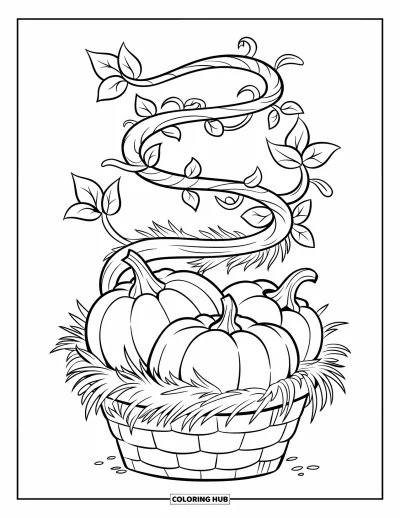 Coloriage de champs de citrouilles pour enfants : Trois citrouilles reposent dans de la paille sous une liane tortueuse et un poteau en bois