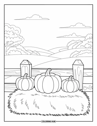 Coloriage de champs de citrouilles pour enfants : Trois citrouilles posées sur une botte de foin derrière une clôture en bois et des collines