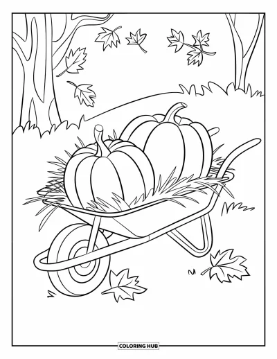 Coloriage de champs de citrouilles pour enfants : Deux citrouilles dans une brouette entourées de foin et de feuilles