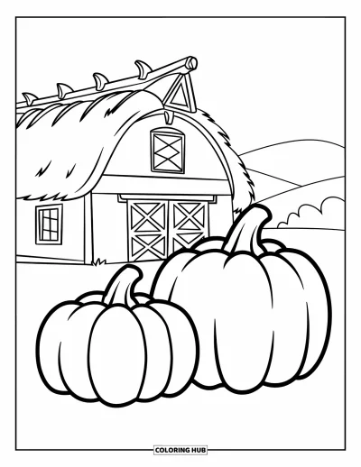 Coloriage de champs de citrouilles pour enfants : Deux citrouilles devant une grange accueillante avec des collines au loin
