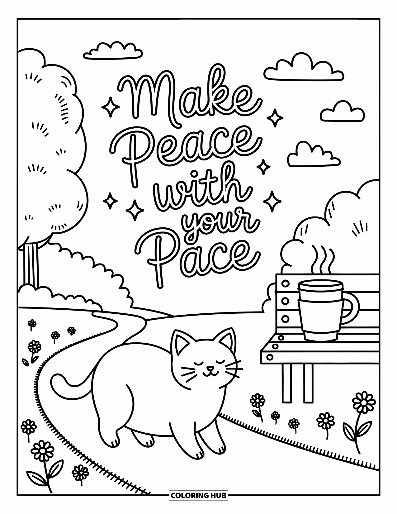 Quote Coloring Page for Adults: A calm walk through flowers says "Make peace with your pace"