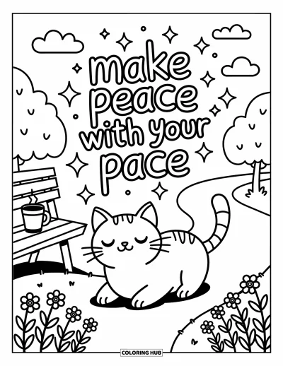 Coloriage de citations pour adultes : Une douce scène de promenade avec un chat invite avec 