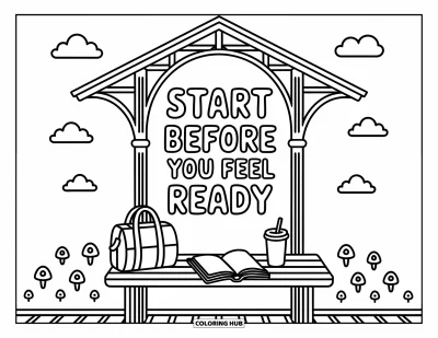 Coloriage de citations pour adultes : Un quai de gare chaleureux vous invite avec les mots 