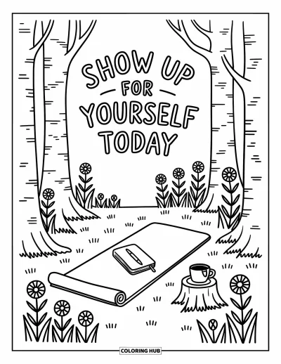 Coloriage de citations pour adultes : Un coin de forêt paisible invite avec 