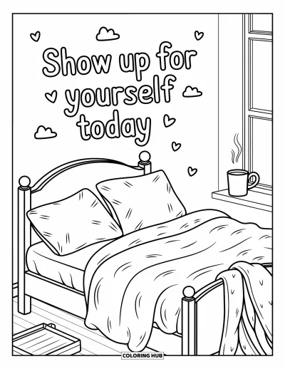 Coloriage de citations pour adultes : Un lit douillet et un peignoir s'accordent avec 