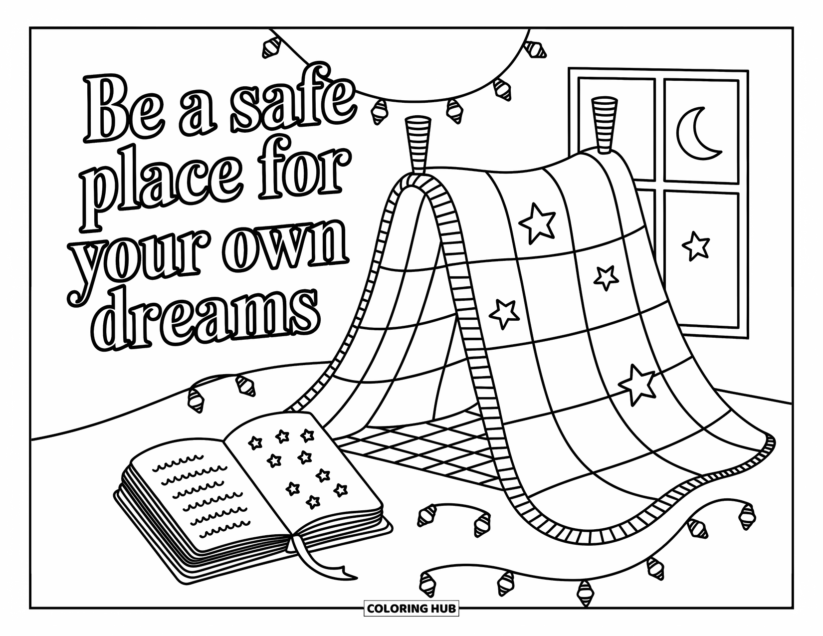 Quote Coloring Page for Adults: A starry fort scene invites with "Be a safe place for your own dreams"