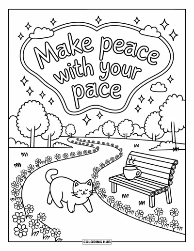 Coloriage de citations pour adultes : Un chat se promenant et un banc se trouvent sous 