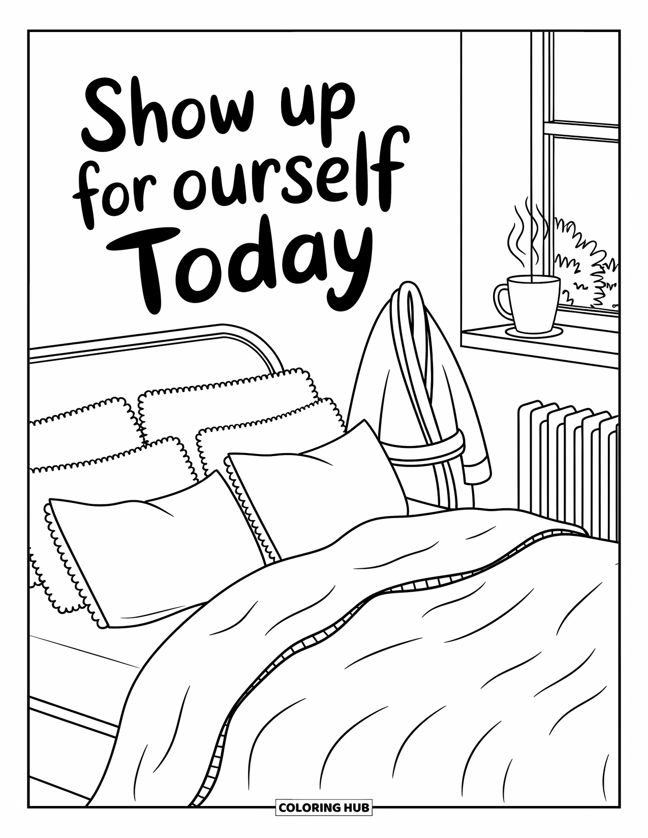 Quote Coloring Page for Adults: A warm room scene reminds you to "Show up for yourself today"