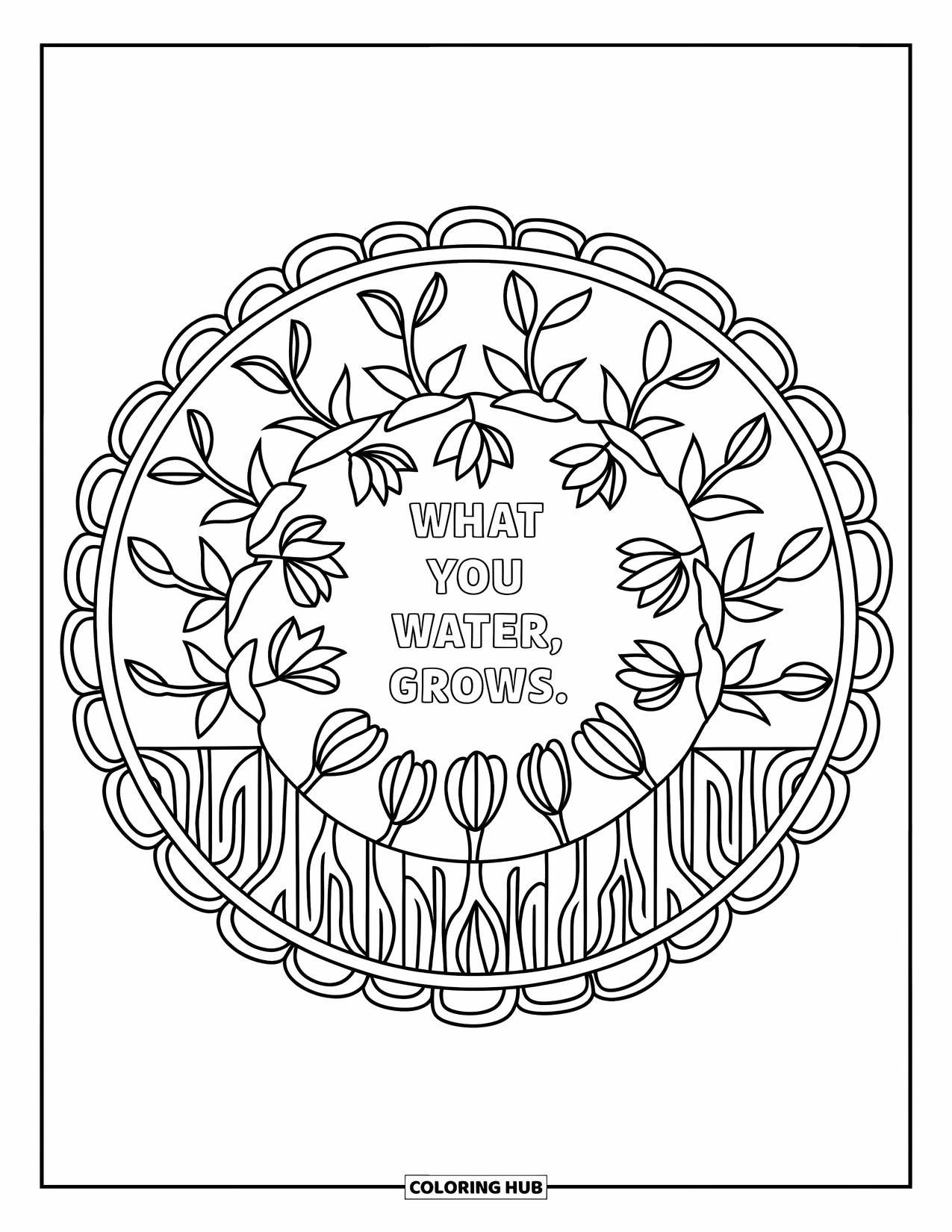 Quote Coloring Page for Adults: Roots and blooms grow from the quote "What you water, grows"