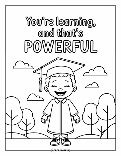 Coloriage de citations pour enfants : Un enfant souriant avec une casquette affiche 