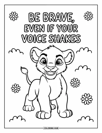 Coloriage de citations pour enfants : Le premier rugissement d'un ourson s'élève avec les mots 
