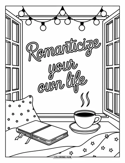 Coloriage de citations pour enfants : Un journal et un café brillent sous 